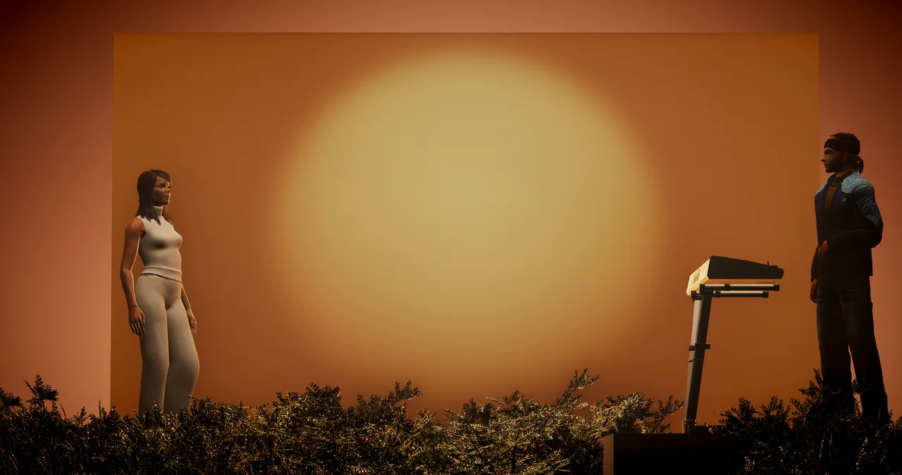 Singer and keyboardist on the Blessed Assurance set in front of the orange LED wall and sun circle