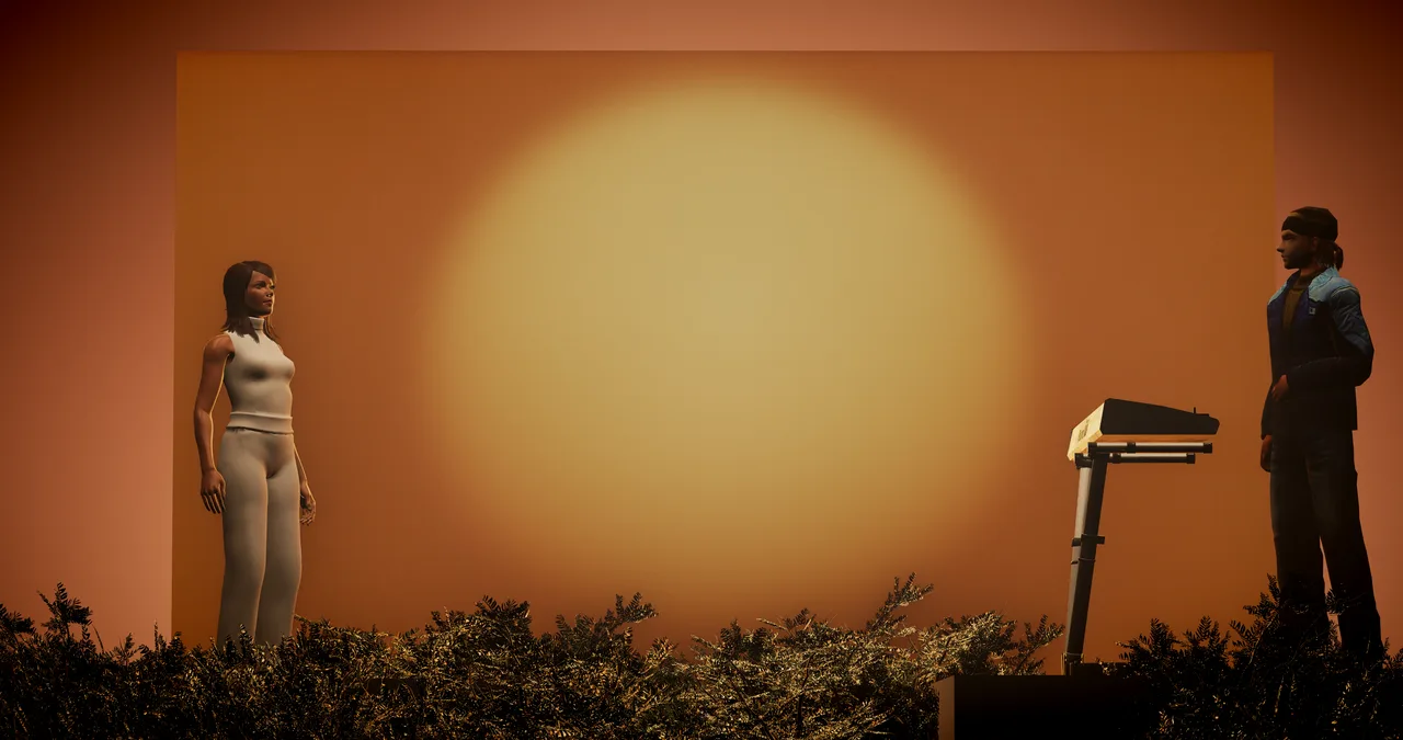 Blessed Assurance set: singer and keyboardist silhouetted against a large circular sun LED and orange LED wall