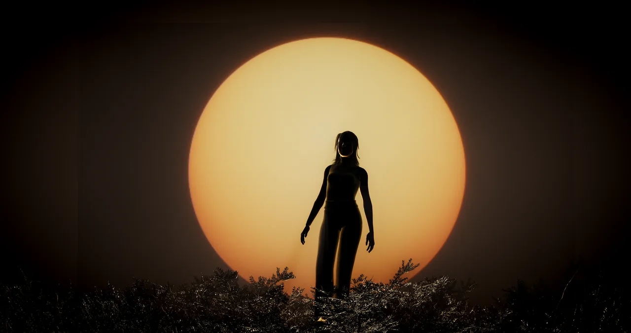 Singer in silhouette against the intense glow of the circular sun LED