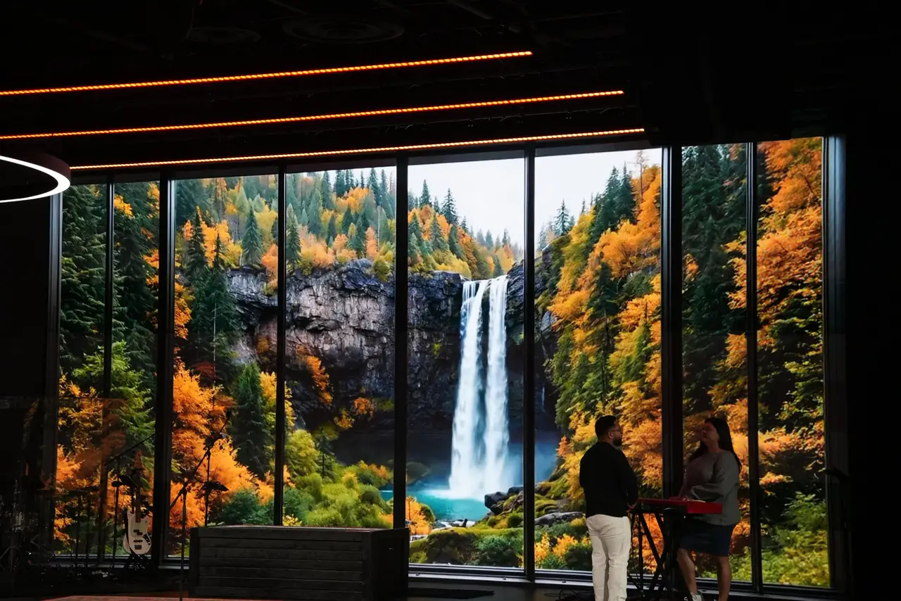 LED wall at City Church showing a waterfall scene