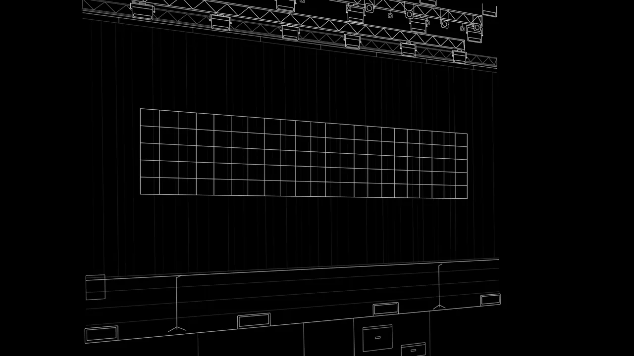 Previz wireframe of the drape, LED wall and truss, registered to the show camera