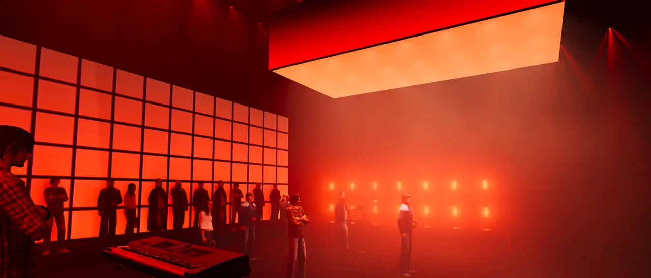 Design render, look 3: red grid wall seen from the side, keyboard in the foreground