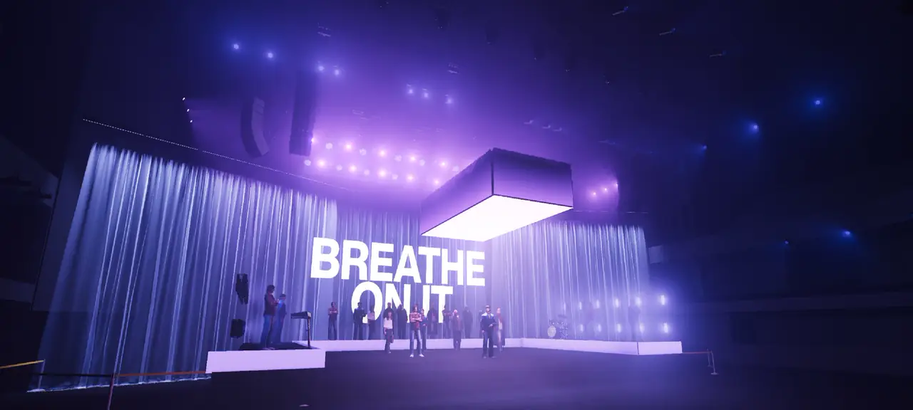 Design render, look 6: purple waterfall curtain with BREATHE ON IT lyrics