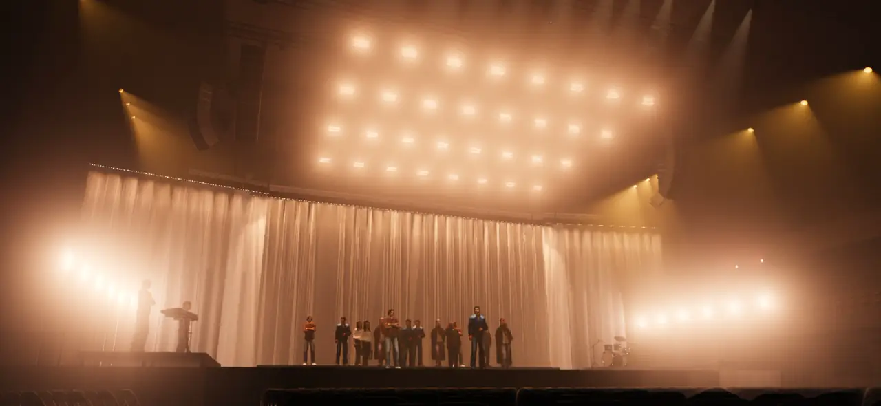 Design render, look 7: overhead grid and white curtain with no hanging box