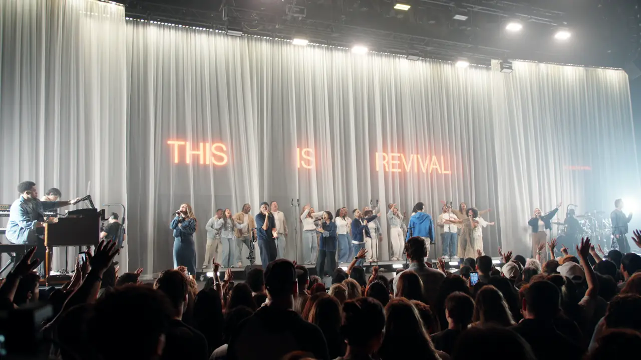 Here Comes The Church at ACL Live: THIS IS REVIVAL reads through the custom drape above the choir, band and a crowd with hands raised
